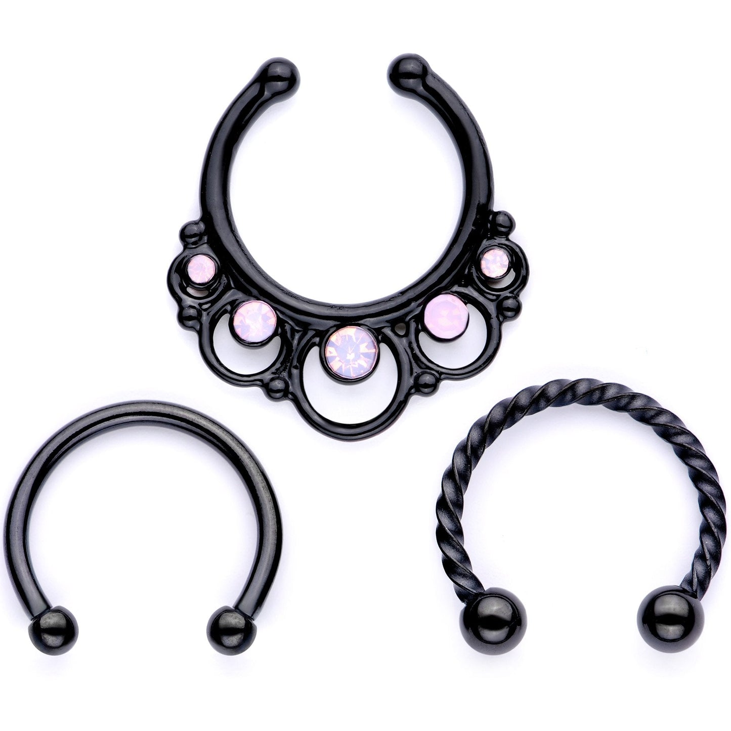 16G Pink Faux Opal Black Anodized Twisted Horseshoe Clip On Fake Septum Ring Set