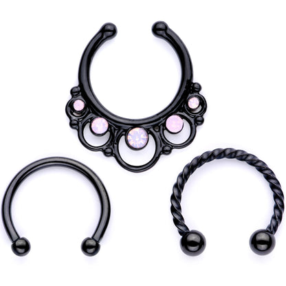 16G Pink Faux Opal Black Anodized Twisted Horseshoe Clip On Fake Septum Ring Set