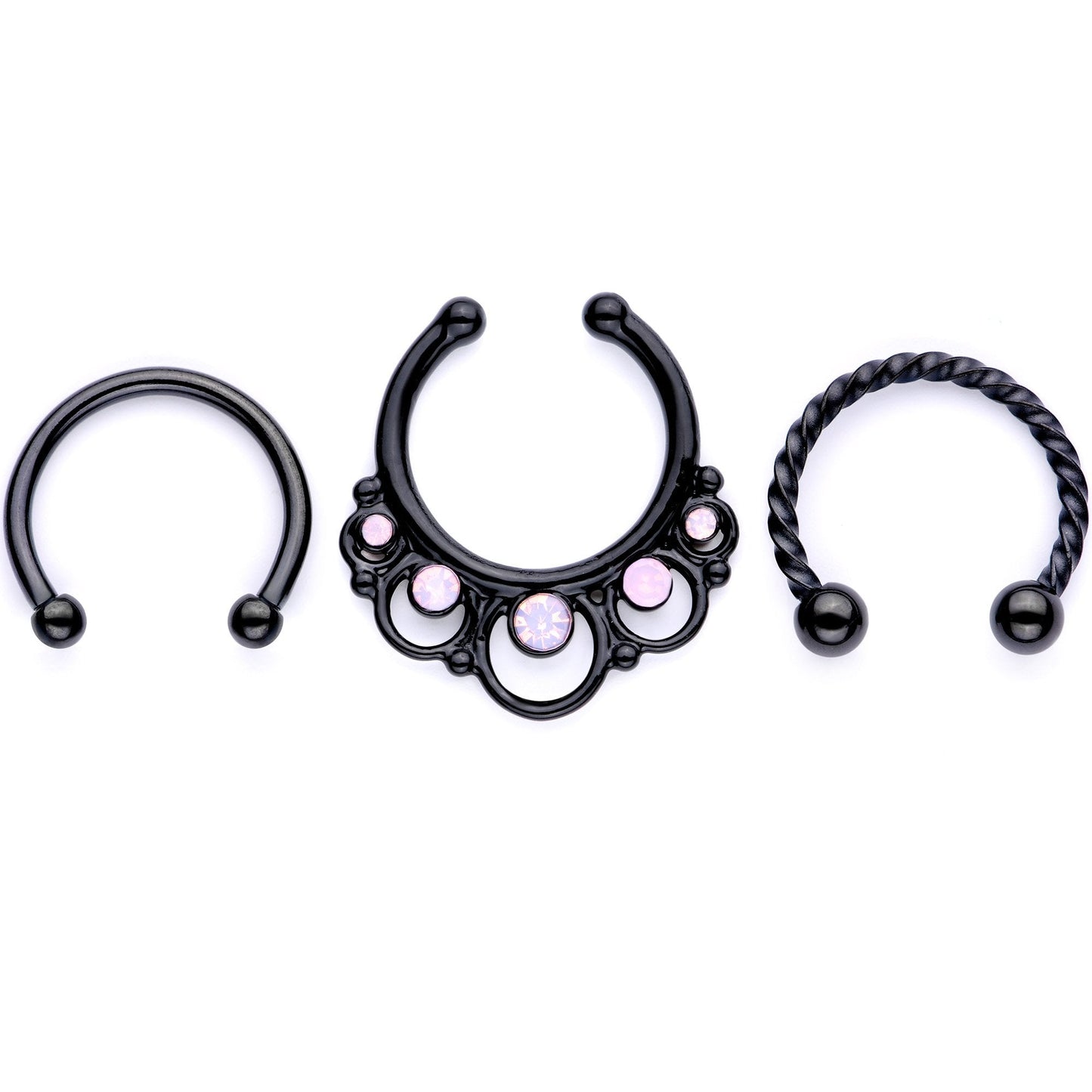 16G Pink Faux Opal Black Anodized Twisted Horseshoe Clip On Fake Septum Ring Set