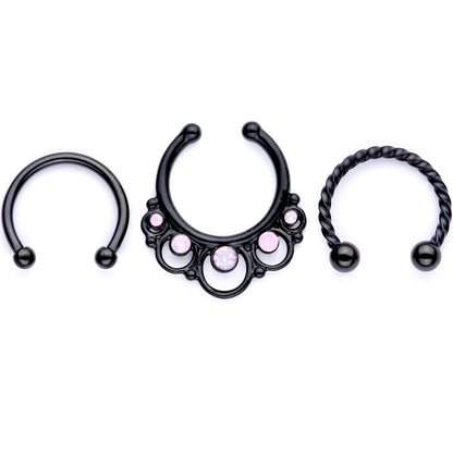 16G Pink Faux Opal Black Anodized Twisted Horseshoe Clip On Fake Septum Ring Set