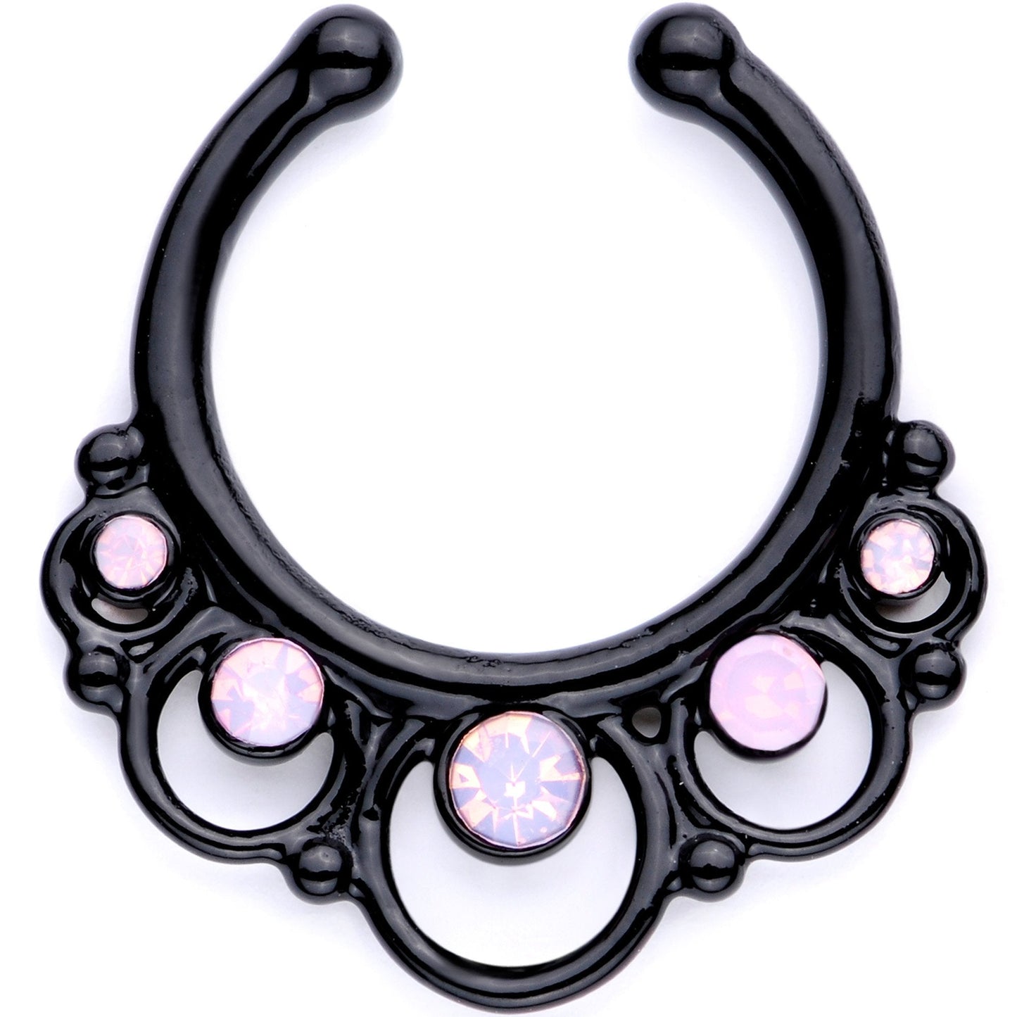 16G Pink Faux Opal Black Anodized Twisted Horseshoe Clip On Fake Septum Ring Set