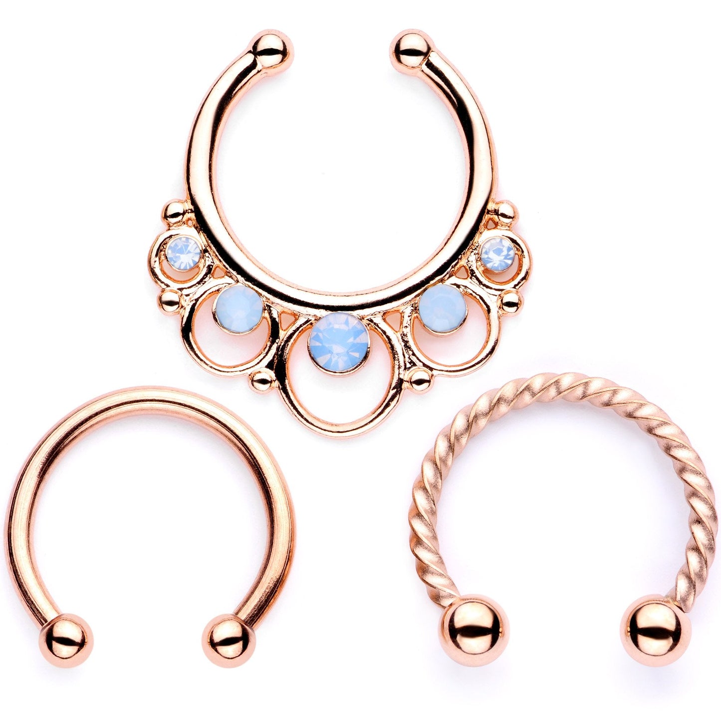 16G Blue Faux Opal Rose Gold Tone Twisted Horseshoe Clip On Fake Septum Ring Set