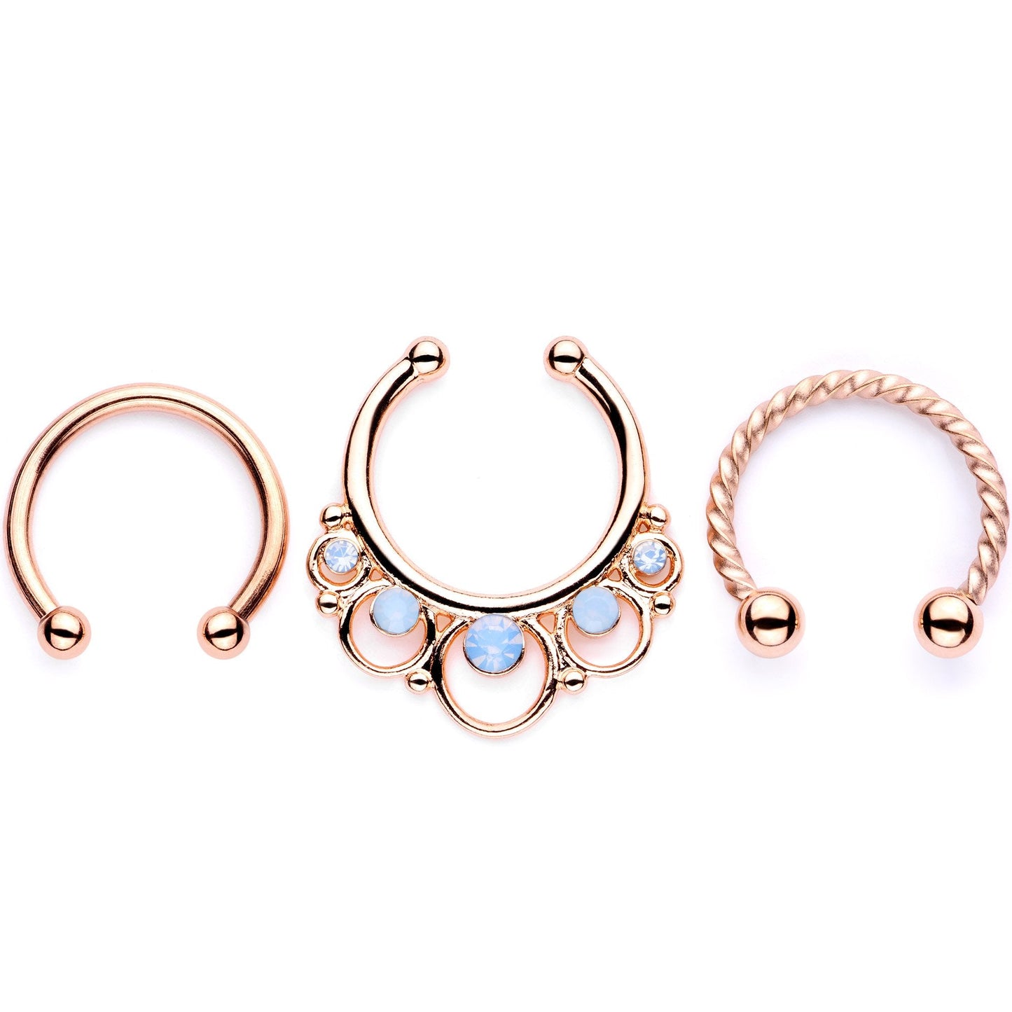 16G Blue Faux Opal Rose Gold Tone Twisted Horseshoe Clip On Fake Septum Ring Set
