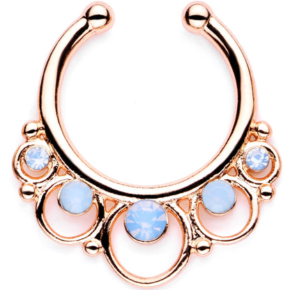 16G Blue Faux Opal Rose Gold Tone Twisted Horseshoe Clip On Fake Septum Ring Set