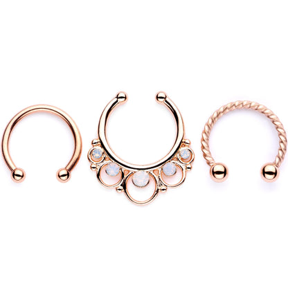 16G White Faux Opal Rose Gold Tone Twisted Horseshoe Clip On Fake Septum Ring Set