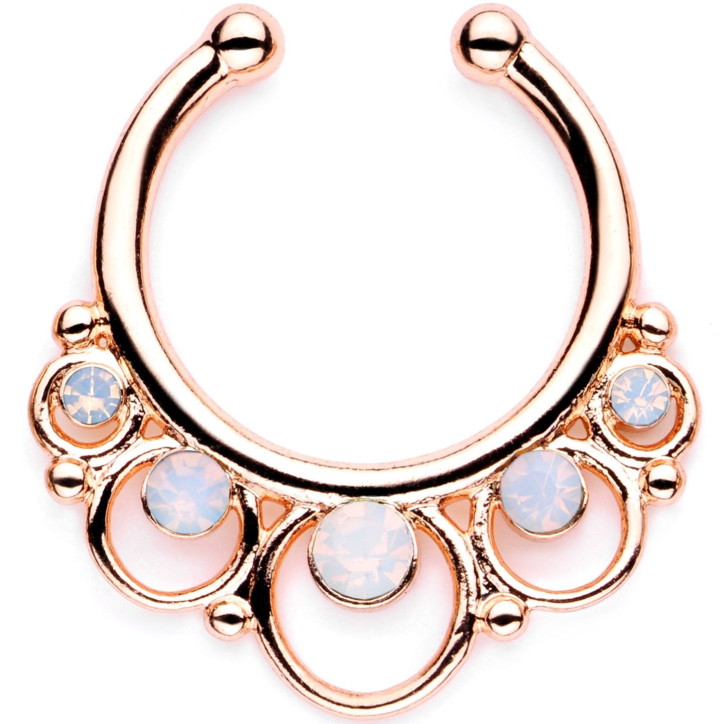 16G White Faux Opal Rose Gold Tone Twisted Horseshoe Clip On Fake Septum Ring Set