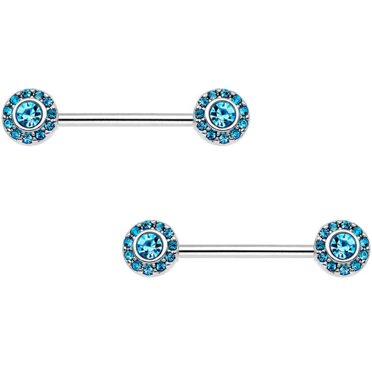 14G 9/16 Aqua Gem Circular Cluster Barbell Nipple Ring Set