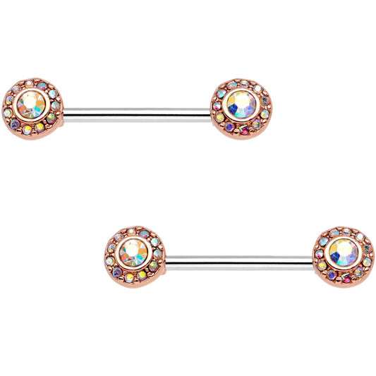 14G Aurora Gem Rose Gold Tone Cluster Barbell Nipple Ring Set