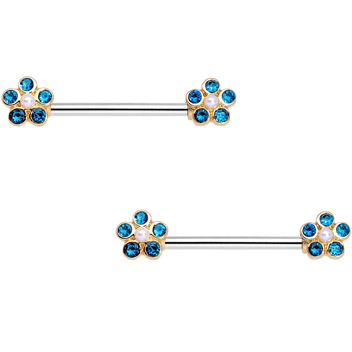 Aqua Gem Gold Tone Bubbly Flower Barbell Nipple Ring Set