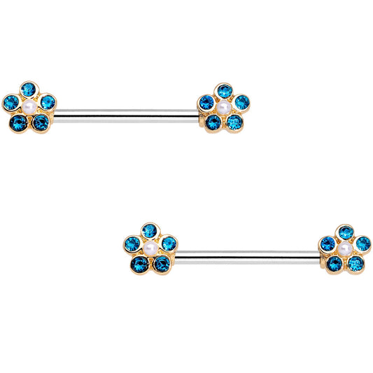 Aqua Gem Gold Tone Bubbly Flower Barbell Nipple Ring Set