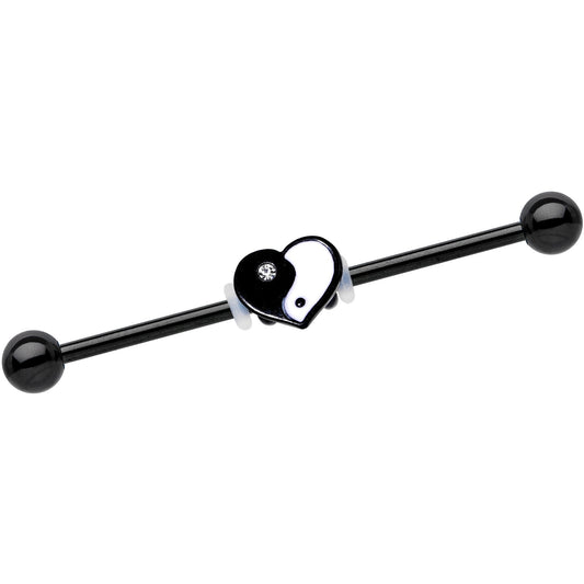 Clear Gem Black Anodized Yin Yang Heart Industrial Barbell 38mm
