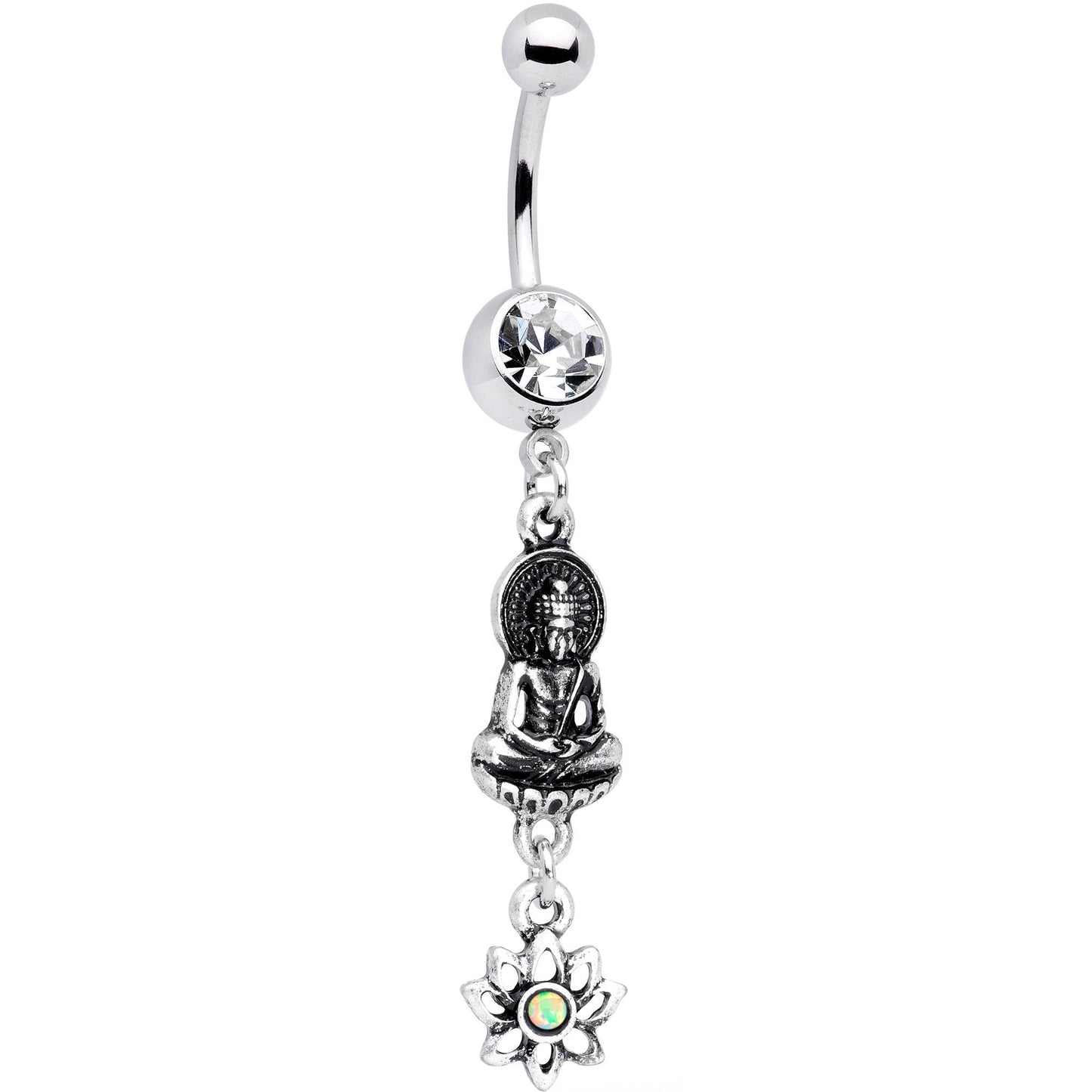 White Synthetic Opal Transcendent Buddha Lotus Flower Dangle Belly Ring