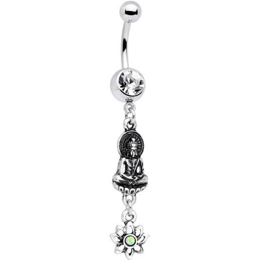 White Synthetic Opal Transcendent Buddha Lotus Flower Dangle Belly Ring