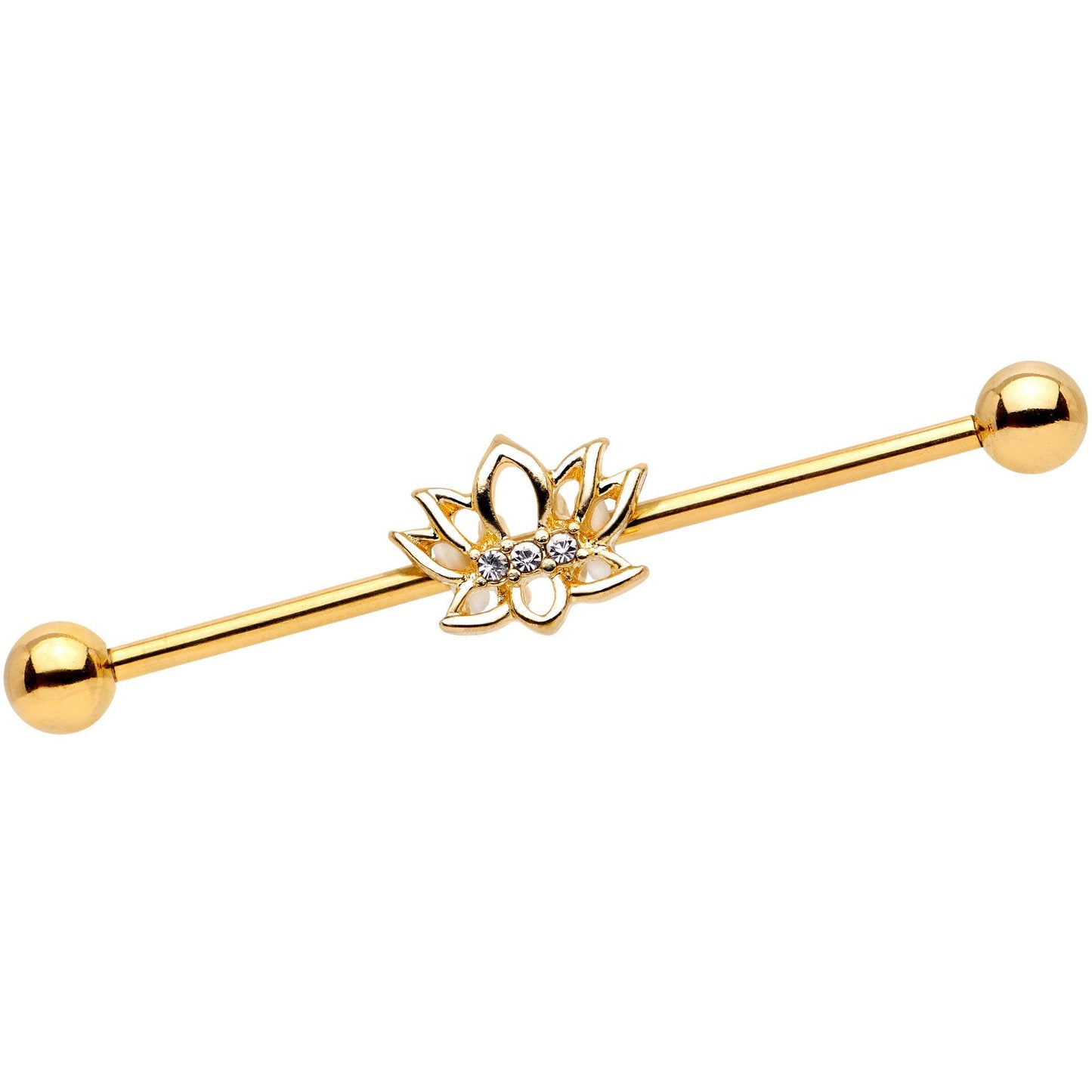 Clear Gem Gold Tone Live Love Lotus Flower Industrial Barbell 38mm