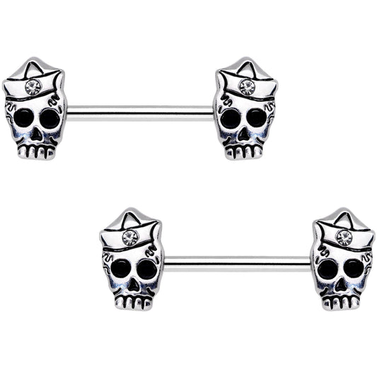 Clear CZ Gem First Mate Skull Barbell Nipple Ring Set