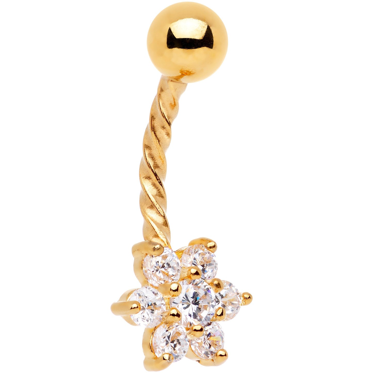 Clear CZ Gem Gold IP Flower Seriously Twisted Belly Ring
