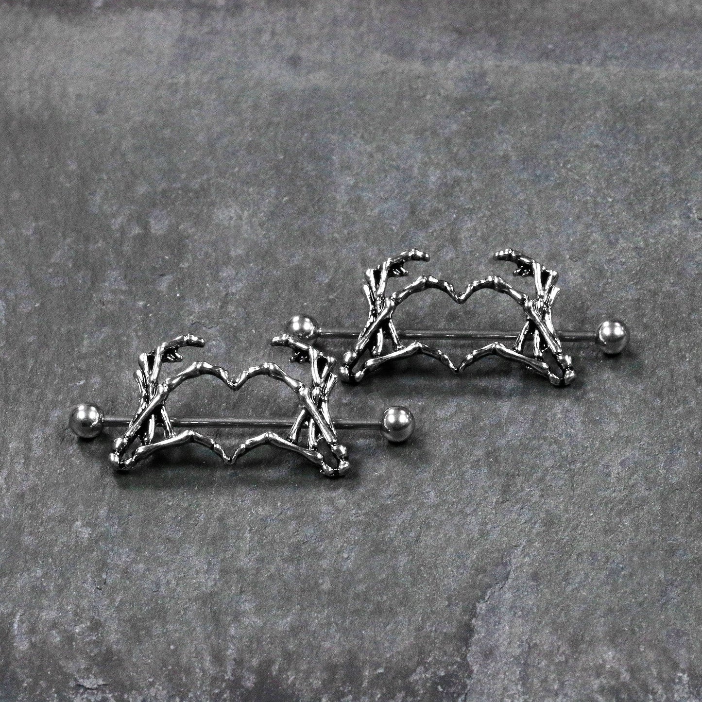 1 1/2 Skeleton Hand Heart Nipple Barbell Shield Set