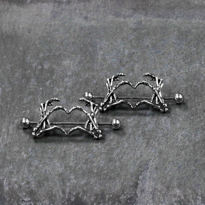1 1/2 Skeleton Hand Heart Nipple Barbell Shield Set