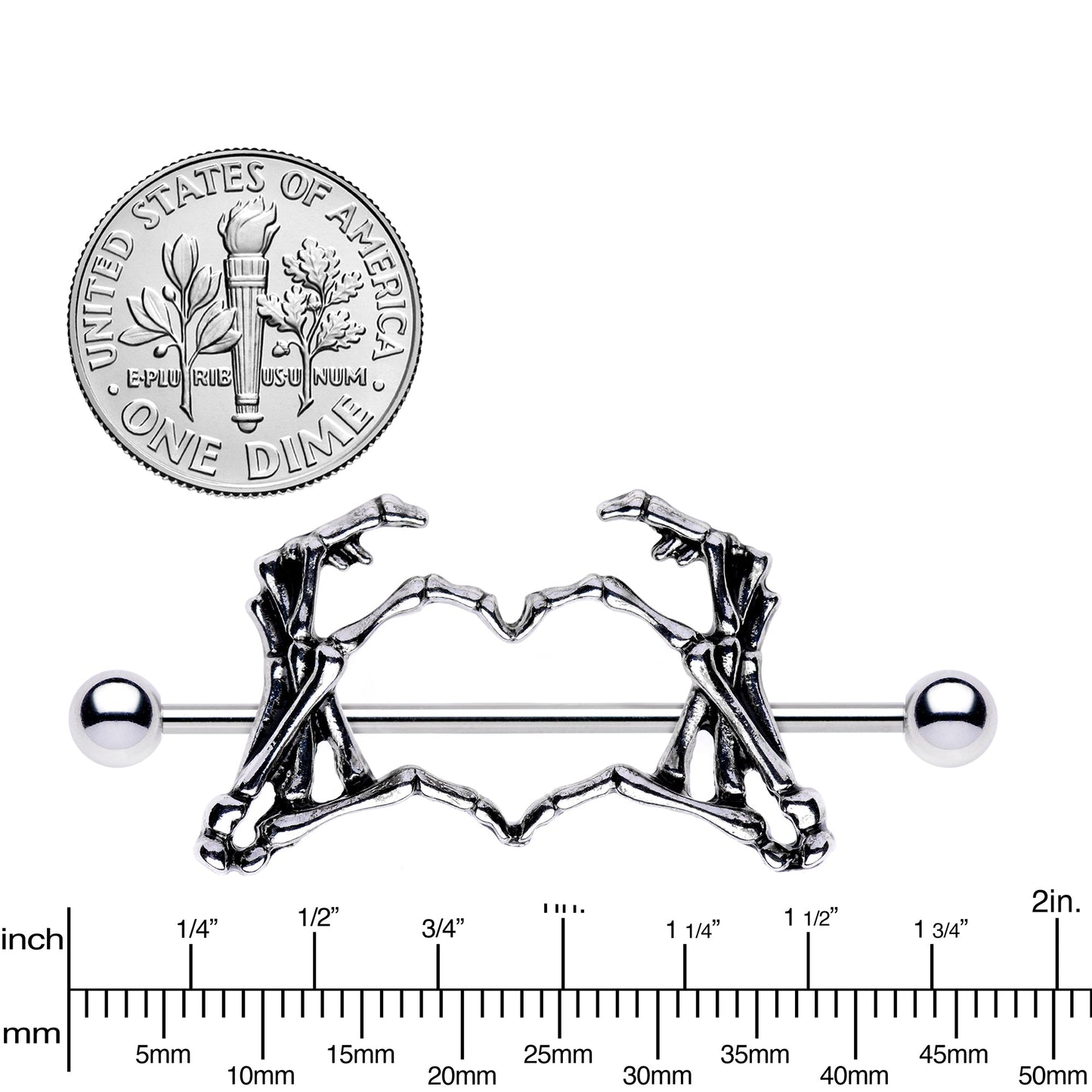 1 1/2 Skeleton Hand Heart Nipple Barbell Shield Set