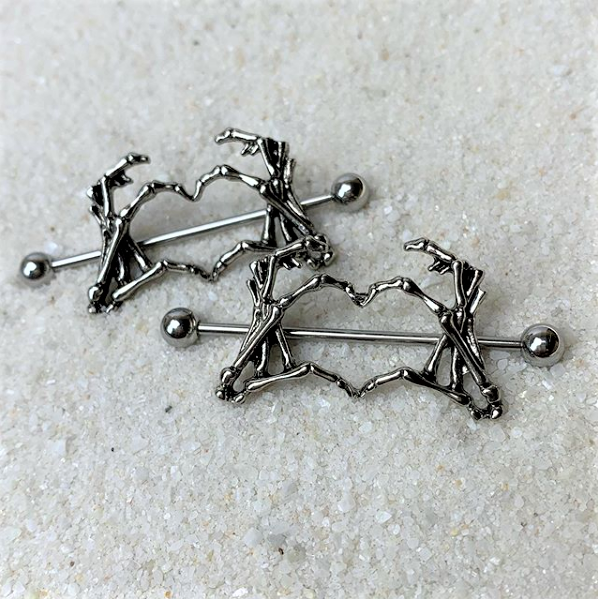 1 1/2 Skeleton Hand Heart Nipple Barbell Shield Set
