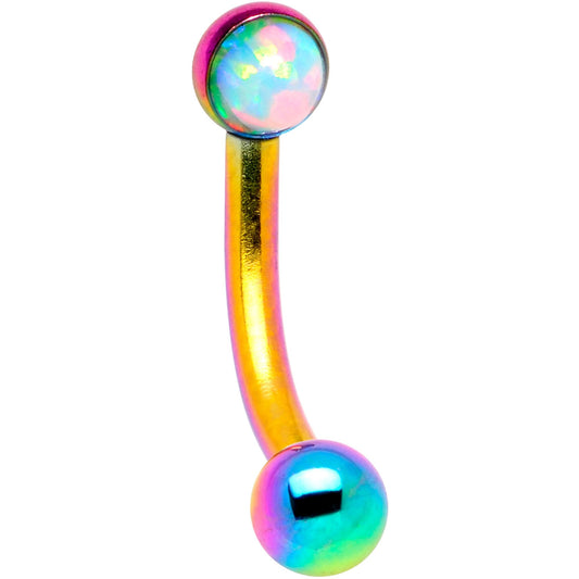 16G 1/4 White Synthetic Opal Flat Set Rainbow IP Curved Eyebrow Rook Piercing