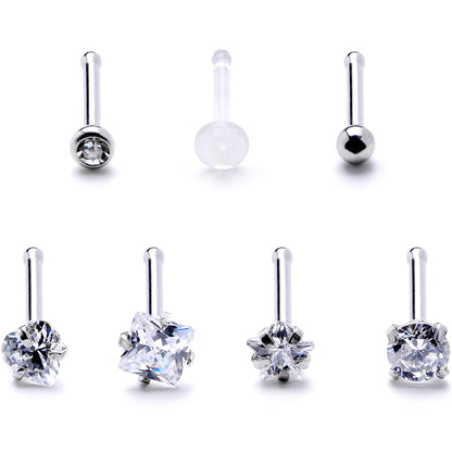 Clear CZ Gem Multi Shape 3mm Nose Bone 7 Pack Set