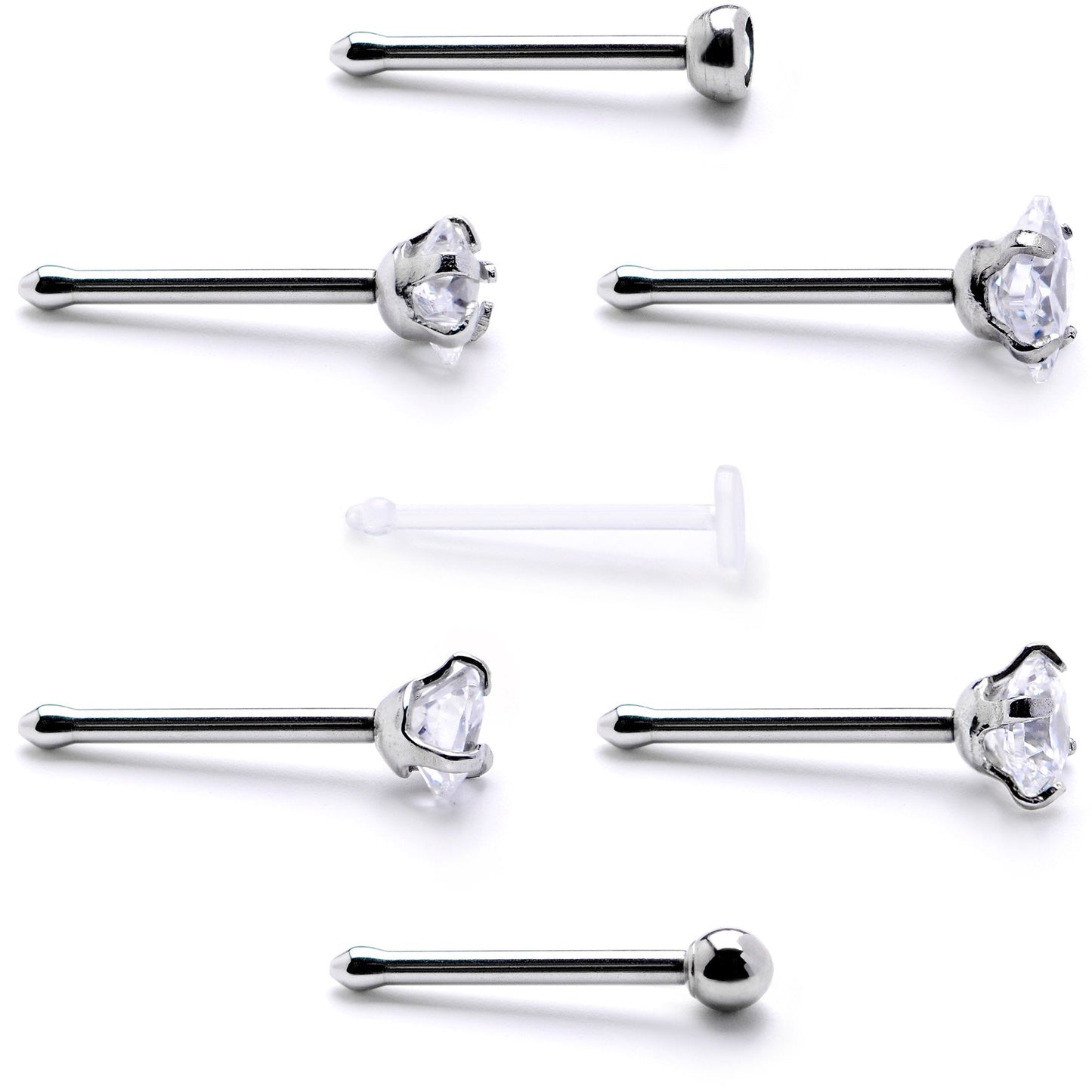 Clear CZ Gem Multi Shape 3mm Nose Bone 7 Pack Set