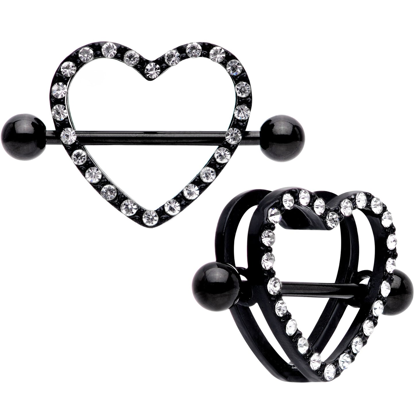 14G 5/8 Clear Gem Black Valentine Heart Nipple Ring Set