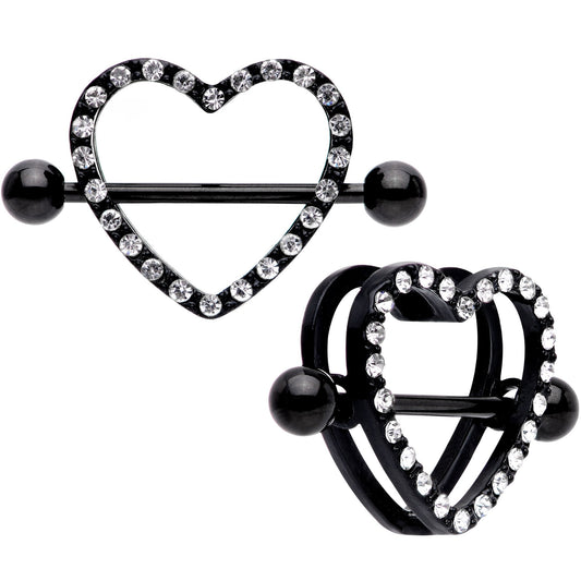 14G 5/8 Clear Gem Black Valentine Heart Nipple Ring Set
