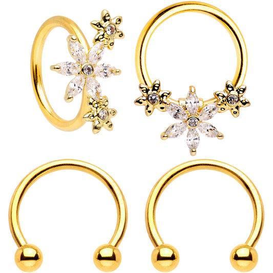 16G 3/8 Clear CZ Gem Gold Tone Fun Flowers Horseshoe BCR Captive Ring Set