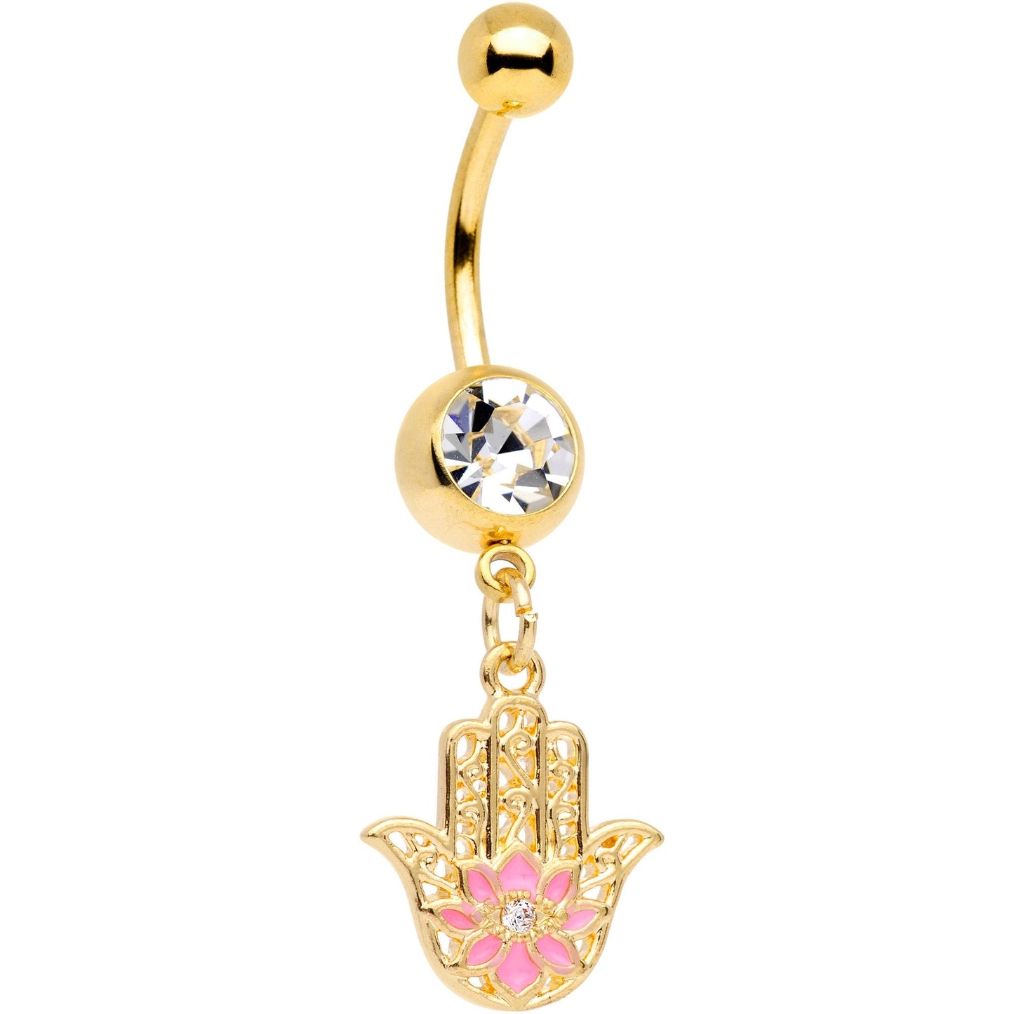 Clear Gem Gold Tone Hamsa Hand Pink Flower Dangle Belly Ring