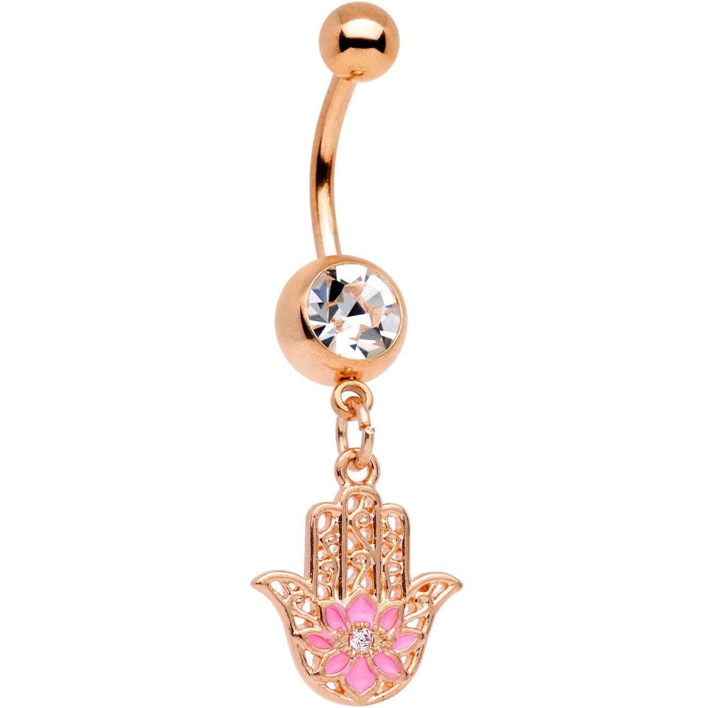 Clear Gem Rose Gold Tone Hamsa Hand Pink Flower Dangle Belly Ring