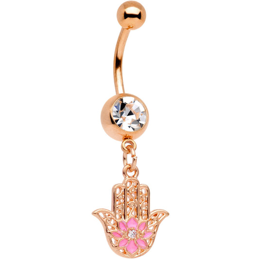 Clear Gem Rose Gold Tone Hamsa Hand Pink Flower Dangle Belly Ring
