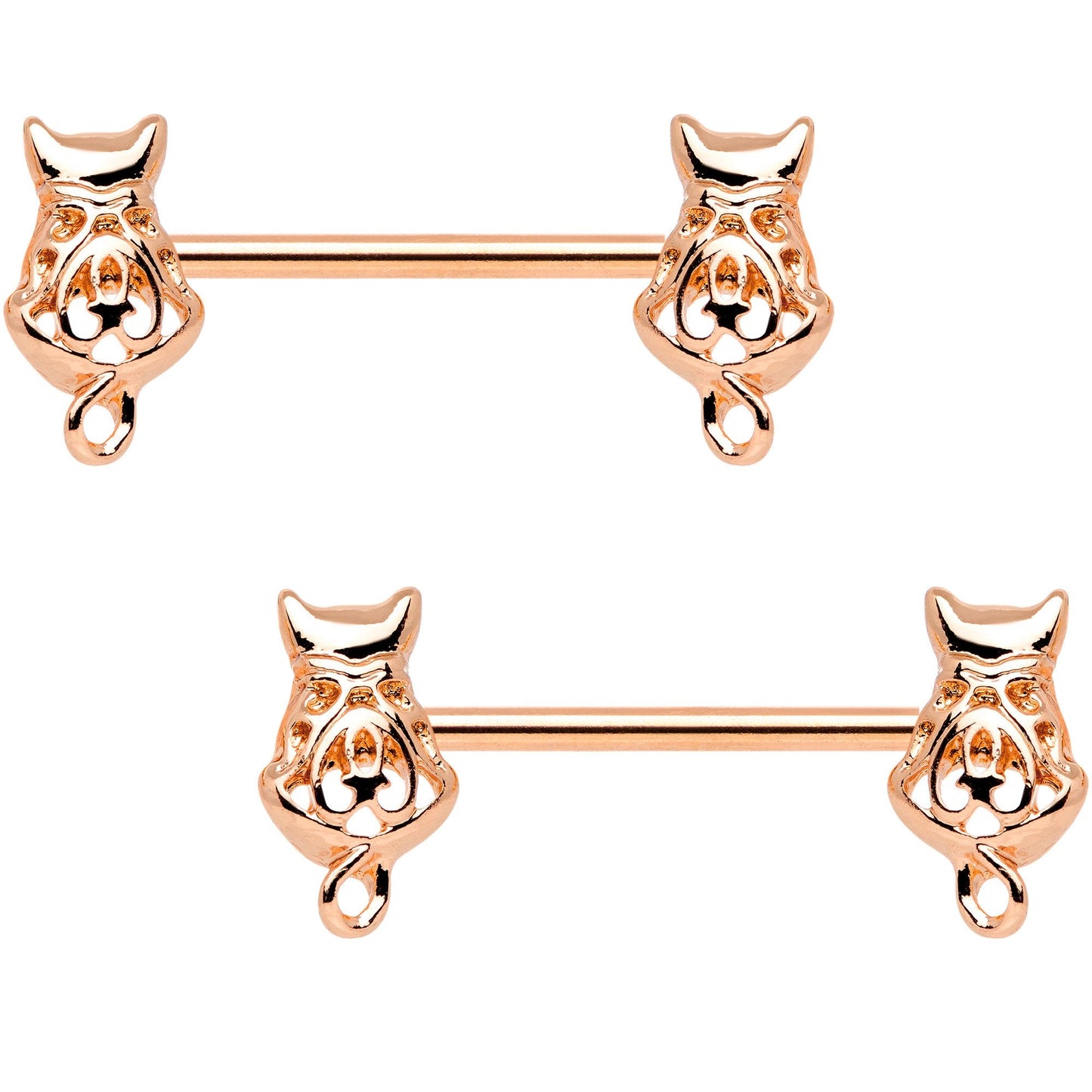 14G 9/16 Rose Gold Tone Kitty Cat Barbell Nipple Ring Set