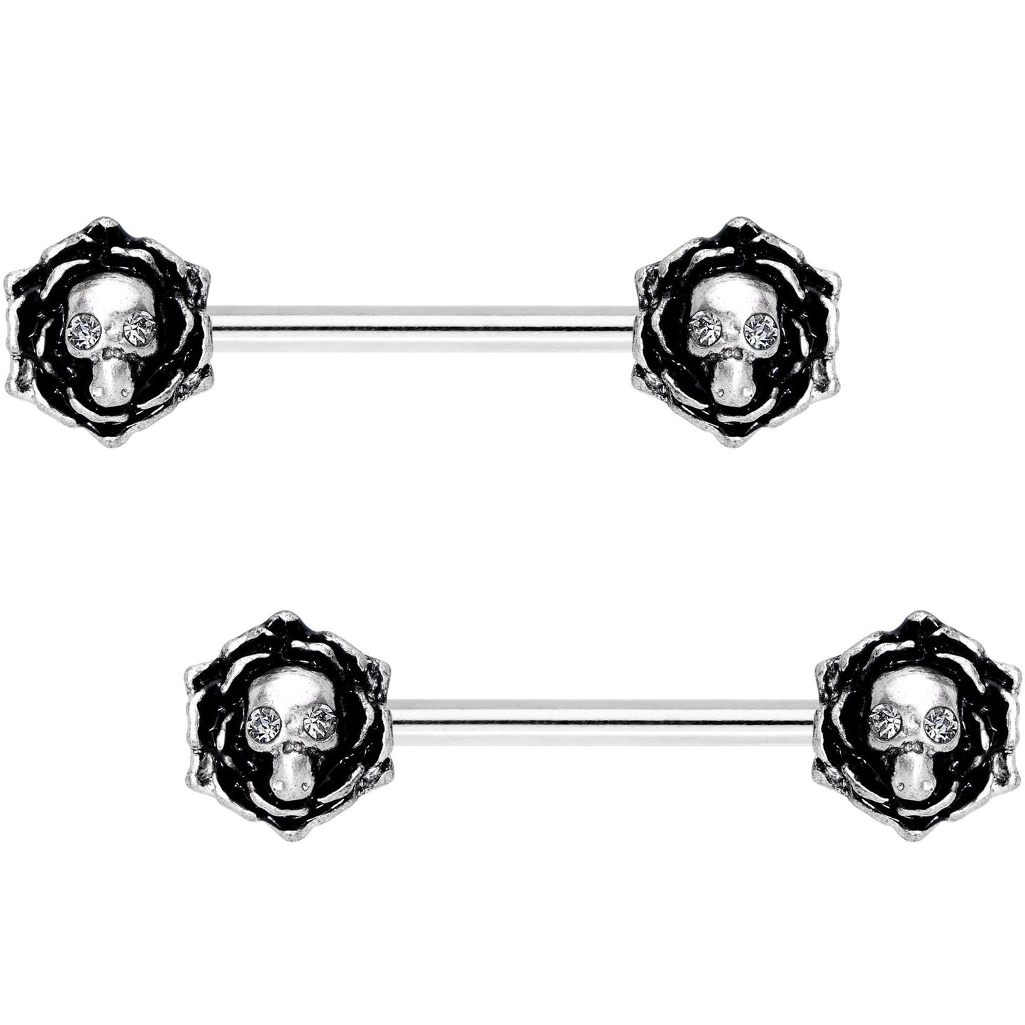 14G 9/16 Clear Gem Skull Rose Flower Barbell Nipple Ring Set
