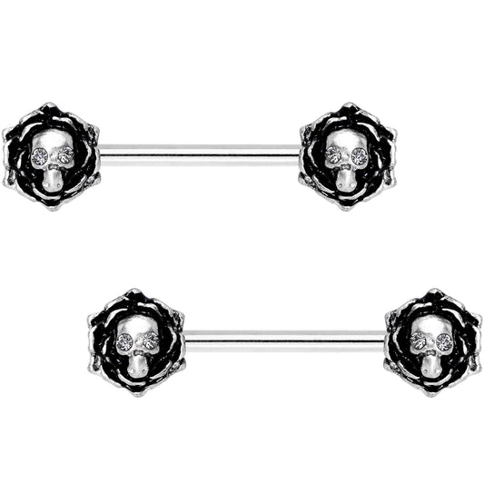 14G 9/16 Clear Gem Skull Rose Flower Barbell Nipple Ring Set