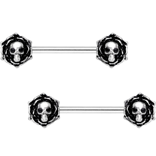 14G 9/16 Black Gem Skull Rose Flower Barbell Nipple Ring Set