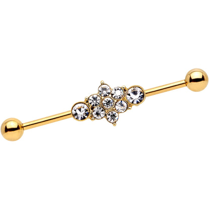 14G Clear Gem Gold IP Floral Cluster Industrial Barbell 38mm