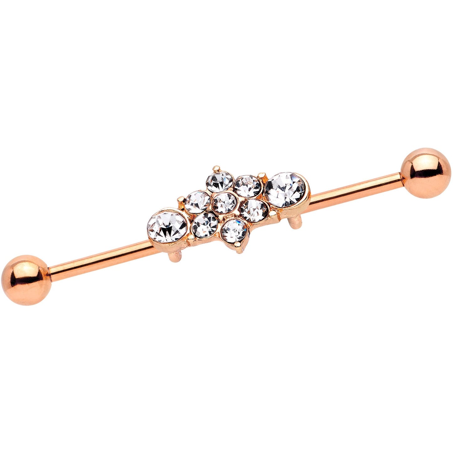 14G Clear Gem Rose Gold IP Floral Cluster Industrial Barbell 38mm