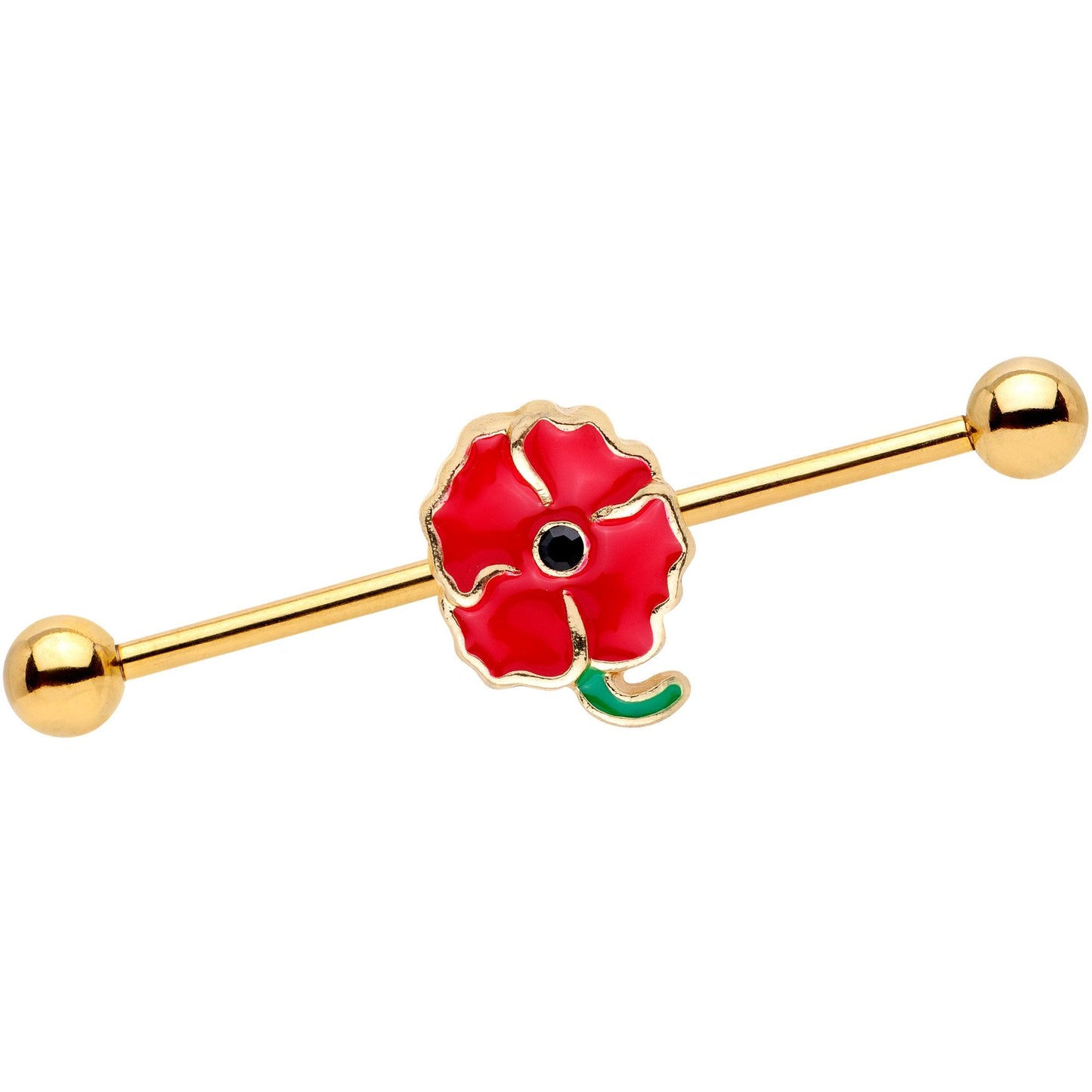 14G Clear Gem Gold PVD Red Flower Industrial Barbell 38mm