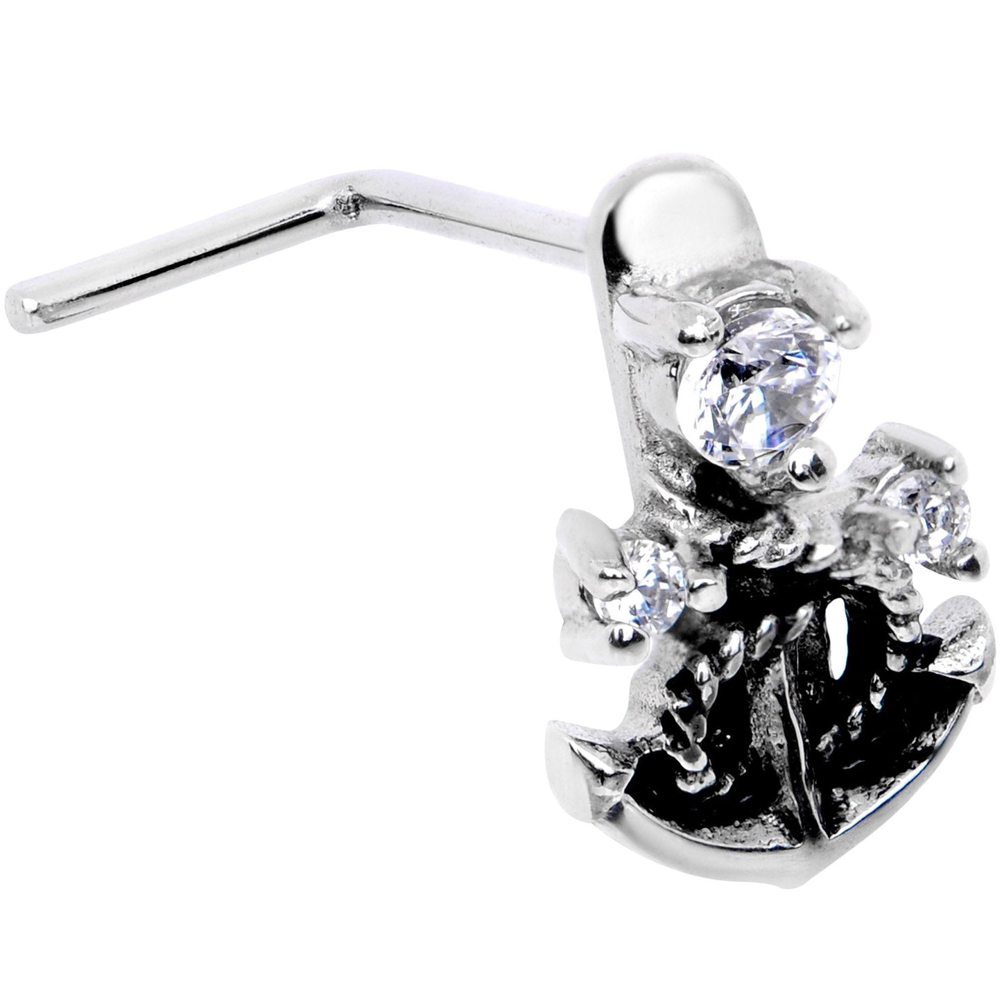 20G 1/4 Clear CZ Gem Nautical Anchor Faux Hoop L Shape Nose Ring