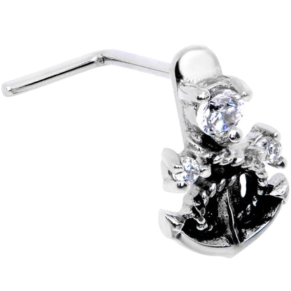 20G 1/4 Clear CZ Gem Nautical Anchor Faux Hoop L Shape Nose Ring