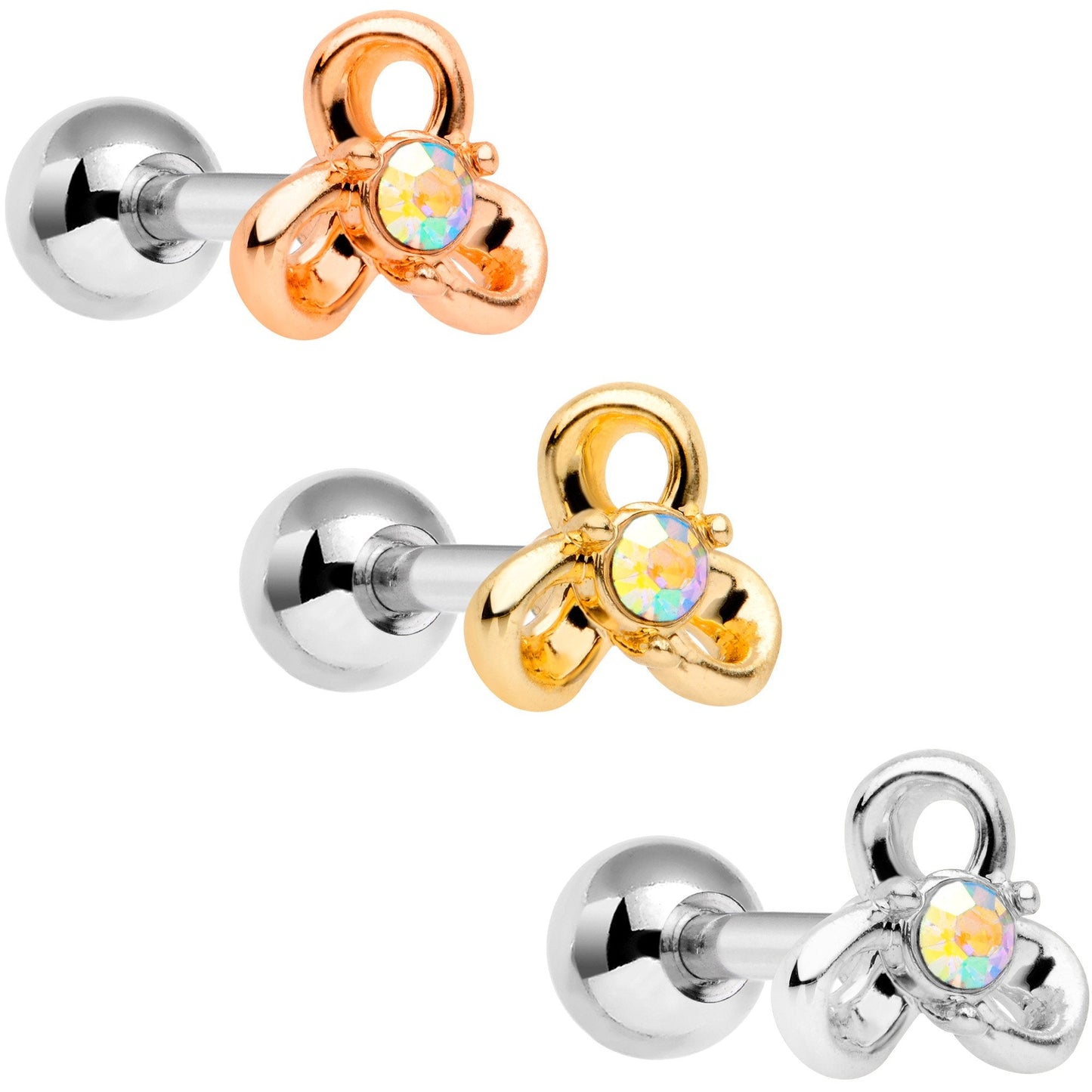 16G 1/4 Aurora Gem Flower Cartilage Tragus Earring Set of 3