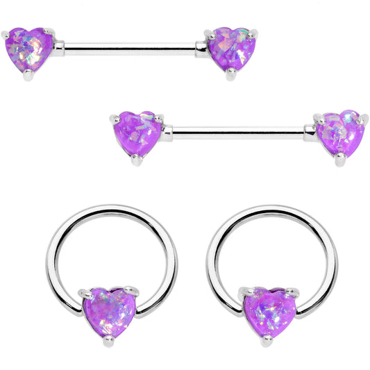 14G Purple Faux Opal Heart BCR Barbell Nipple Ring Set of 4