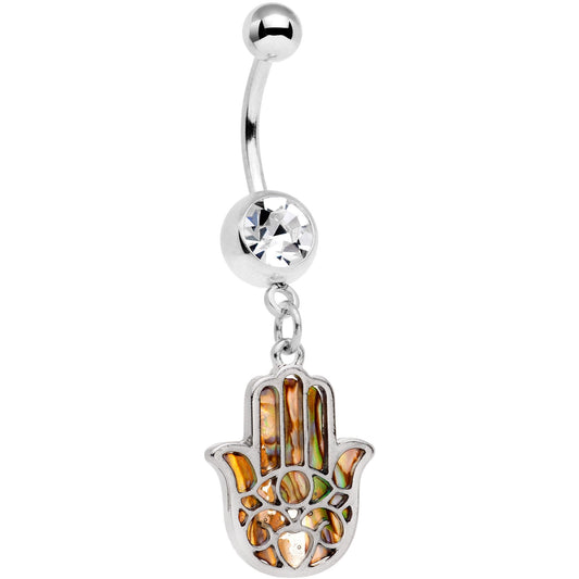 Clear Gem Iridescent Inlay Hamsa Hand Dangle Belly Ring