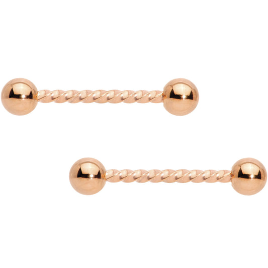 14G 5/8 Rose Gold Tone Twisted Barbell Nipple Ring Set