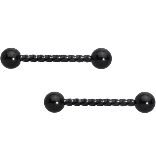 14G 5/8 Black Twisted Barbell Nipple Ring Set