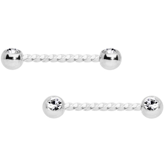 14G 5/8 Clear Gem Twisted Barbell Nipple Ring Set