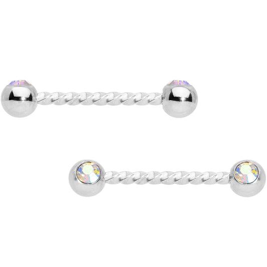 14G 5/8 Aurora Gem Twisted Barbell Nipple Ring Set