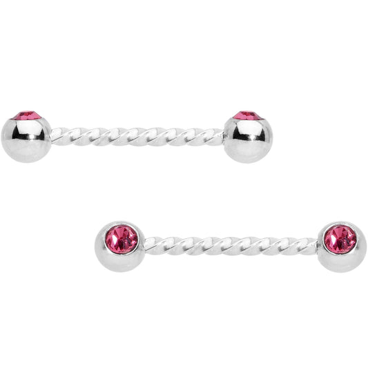 14G 5/8 Pink Gem Twisted Barbell Nipple Ring Set